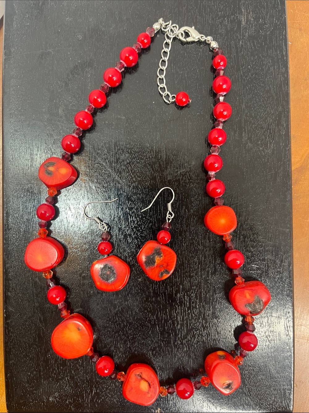 Red bamboo coral Beaded Necklace and Earrings Set - Bold Red Women's Jewelry